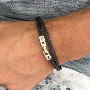 David Yurman Men's Streamline Sterling Silver Double Wrap Black Leather Bracelet